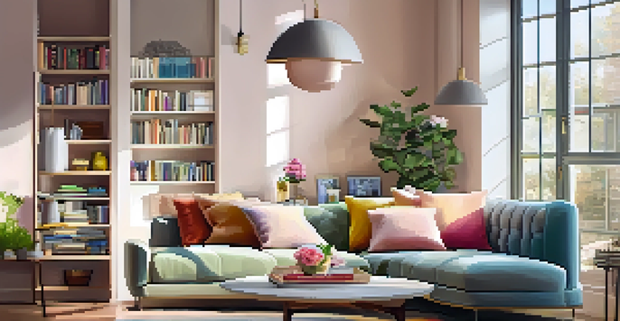 A cozy and well-decorated living room with natural light, colorful cushions, a bookshelf, and fresh flowers on the coffee table.