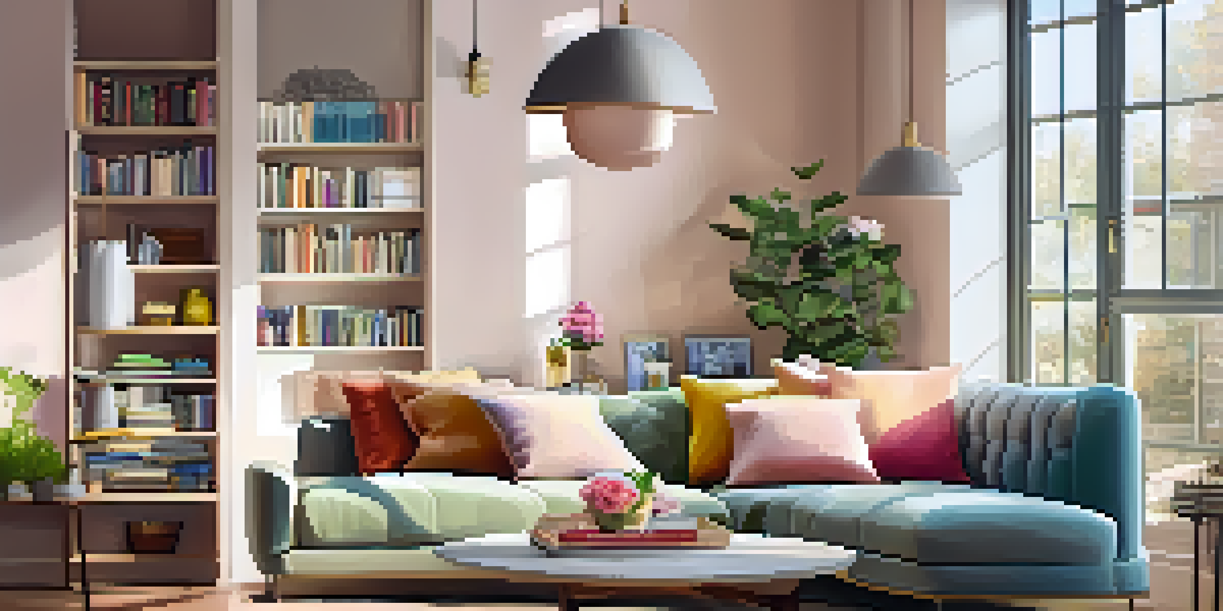 A cozy and well-decorated living room with natural light, colorful cushions, a bookshelf, and fresh flowers on the coffee table.