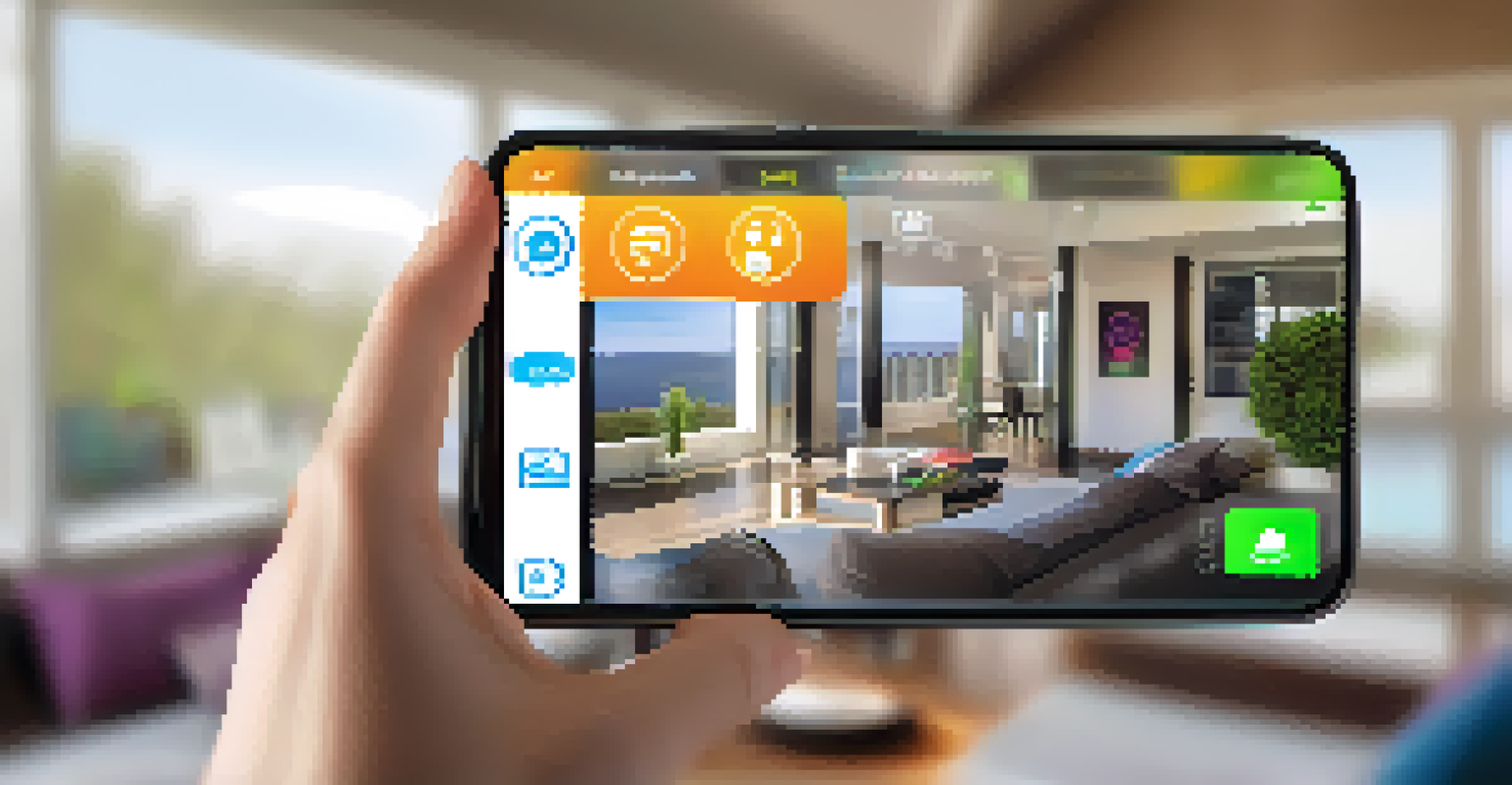 A close-up view of a smartphone with a security app interface displaying camera feeds and notifications, against a blurred home background.