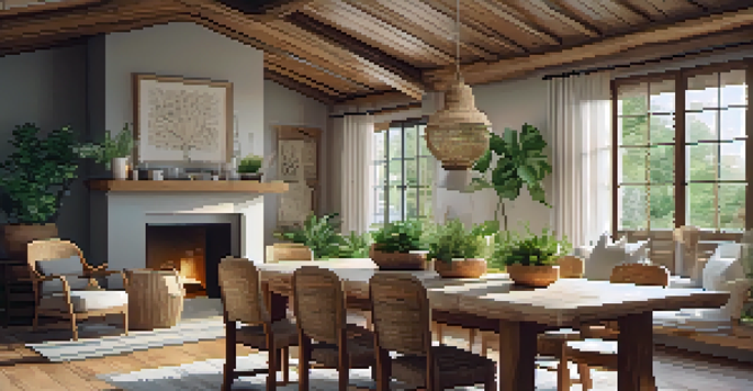 A cozy living room with a rustic wooden dining table, sunlight streaming through the windows, and natural decor elements.