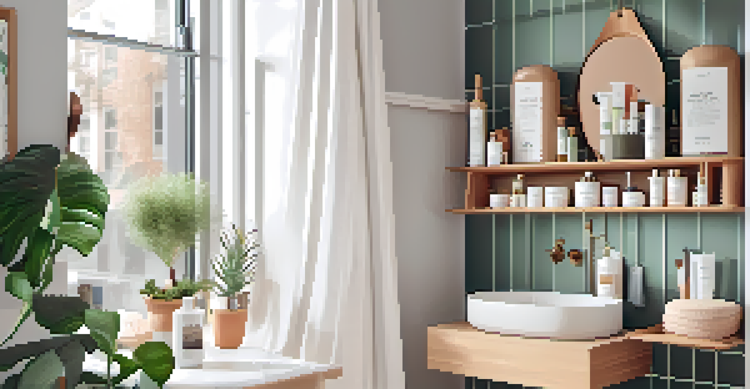 A small bathroom with vertical shelves and hooks displaying organized toiletries and towels, enhanced by natural light and plants.