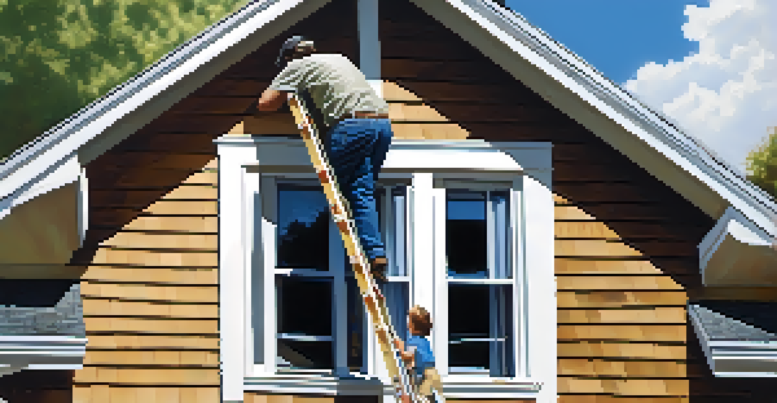 A homeowner inspecting a roof on a sunny day, checking shingles for wear, with a ladder against the house and a clear blue sky.