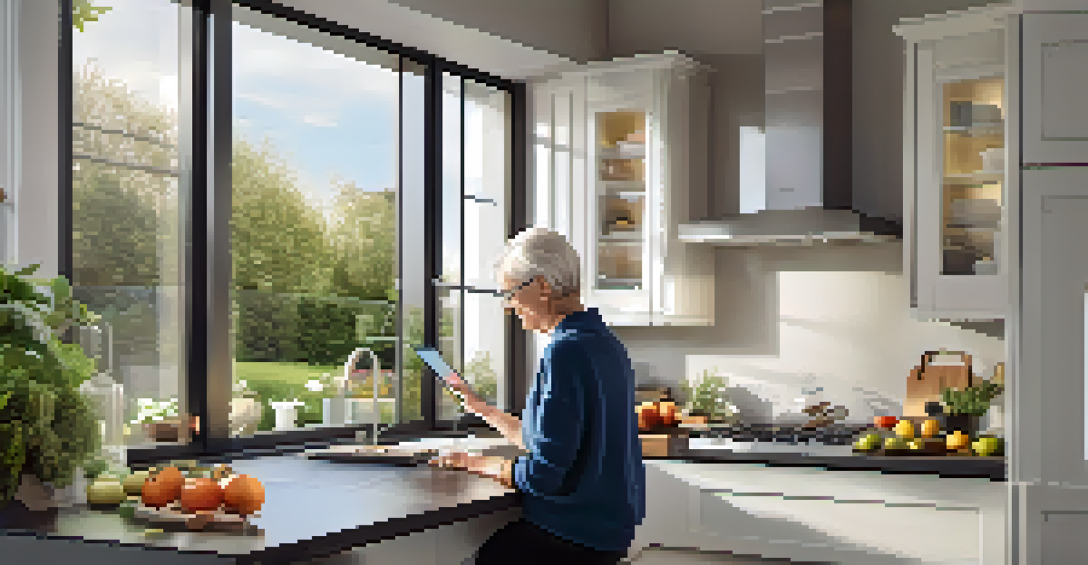 A senior interacting with a tablet in a modern kitchen to control smart home devices.