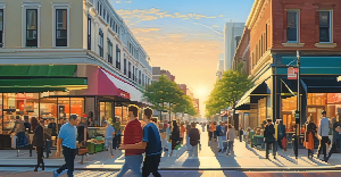 A lively city street filled with shoppers, cafes, and colorful storefronts under a clear sky during golden hour.