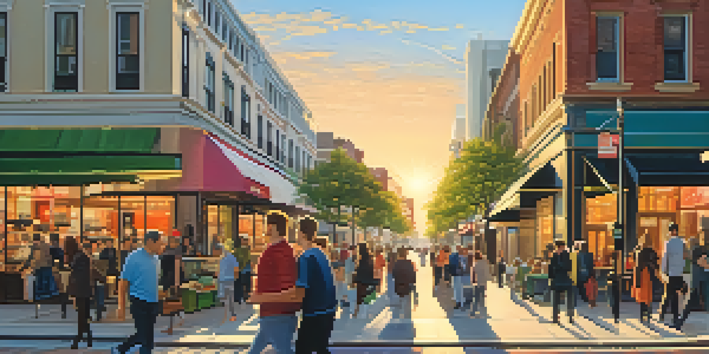 A lively city street filled with shoppers, cafes, and colorful storefronts under a clear sky during golden hour.