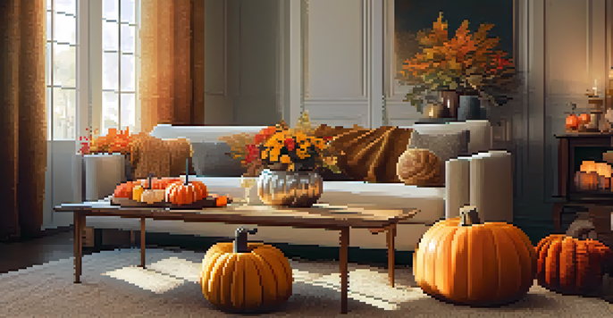 A warm and inviting living room with a fall theme, showcasing pumpkins filled with flowers and cozy decor.