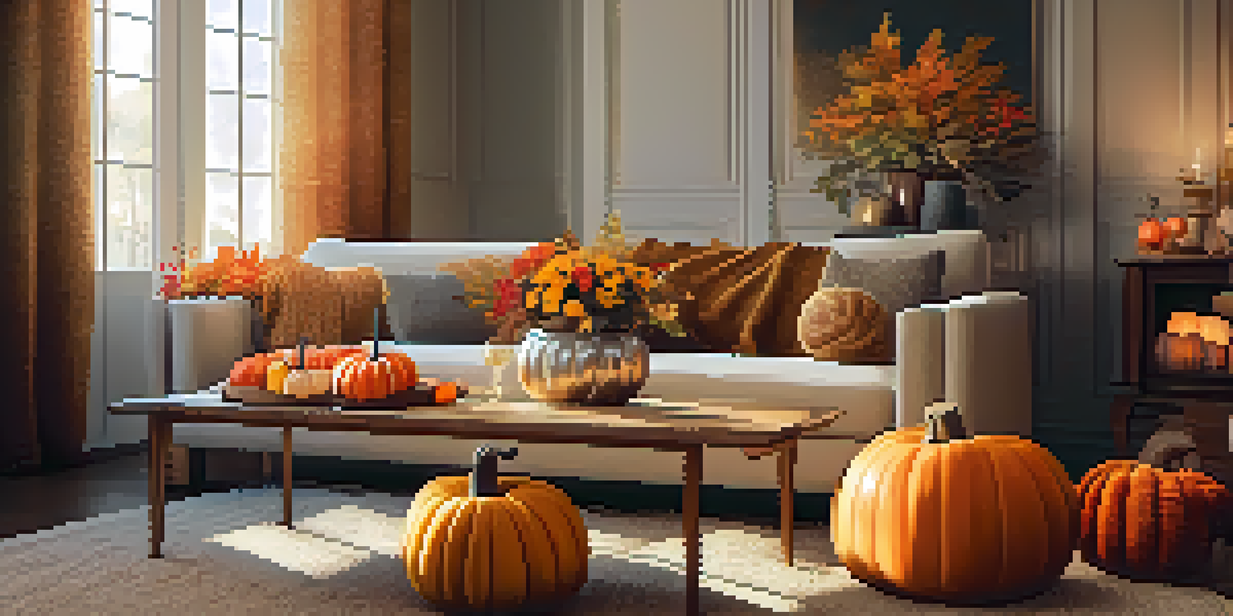 A warm and inviting living room with a fall theme, showcasing pumpkins filled with flowers and cozy decor.
