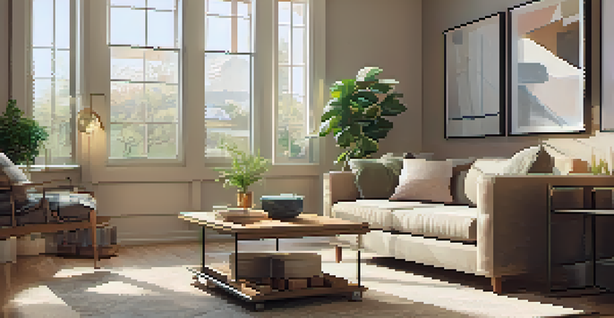 A warm and inviting living room with a visible energy-efficient HVAC system mounted on the wall, natural light streaming in through large windows.