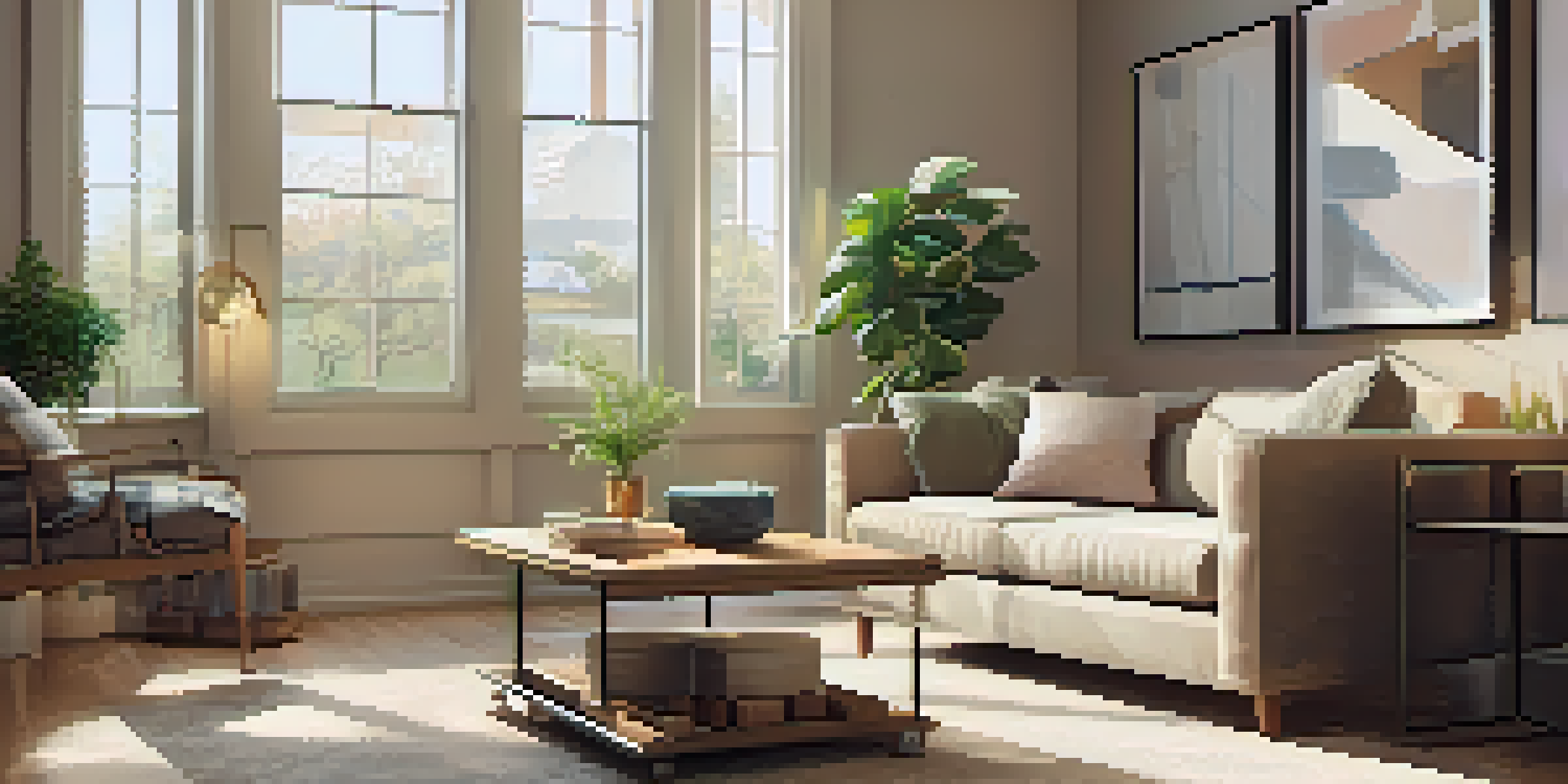 A warm and inviting living room with a visible energy-efficient HVAC system mounted on the wall, natural light streaming in through large windows.