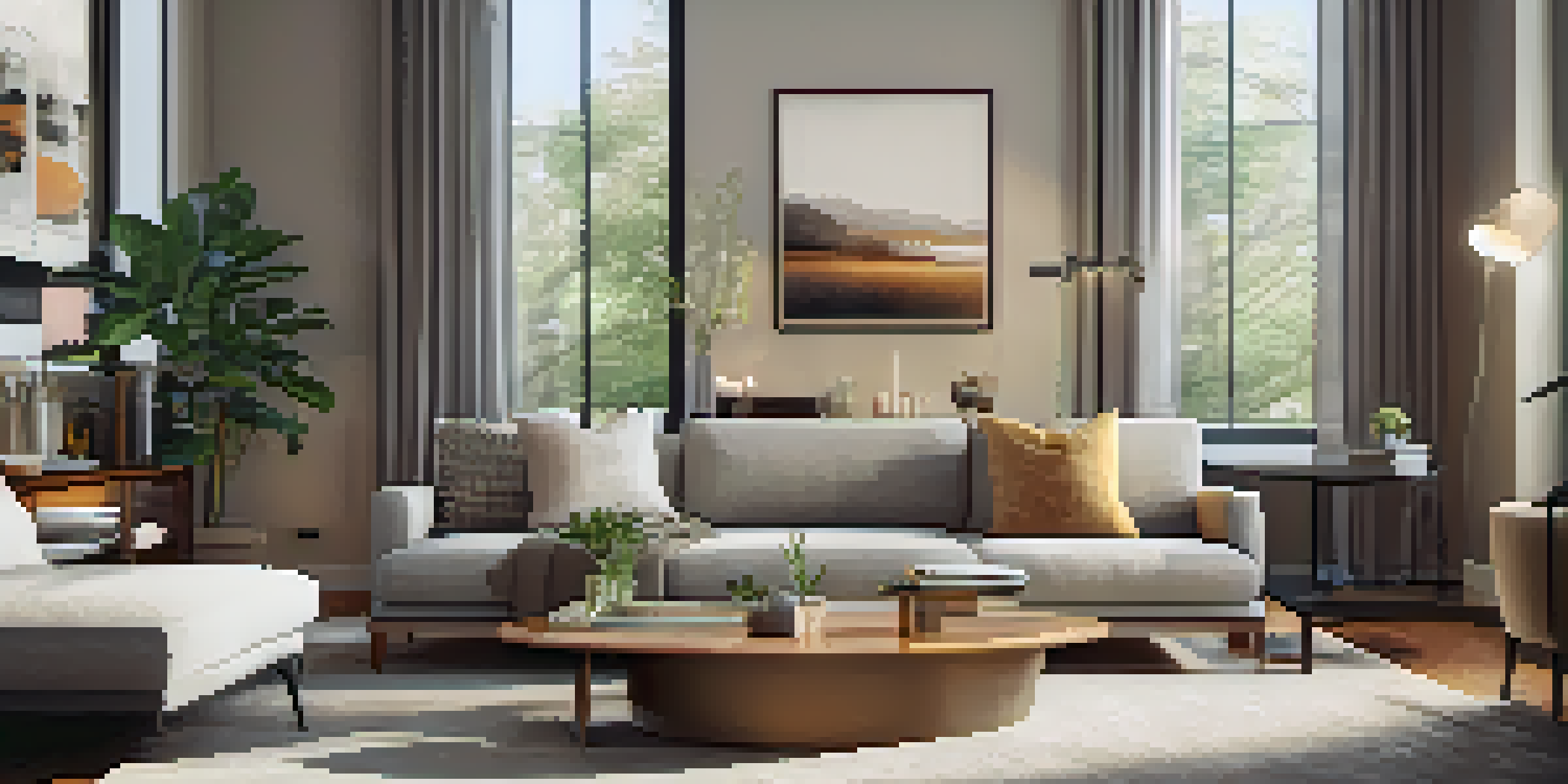 A modern living room with smart home technology, including a smart speaker and thermostat, illuminated by natural light.