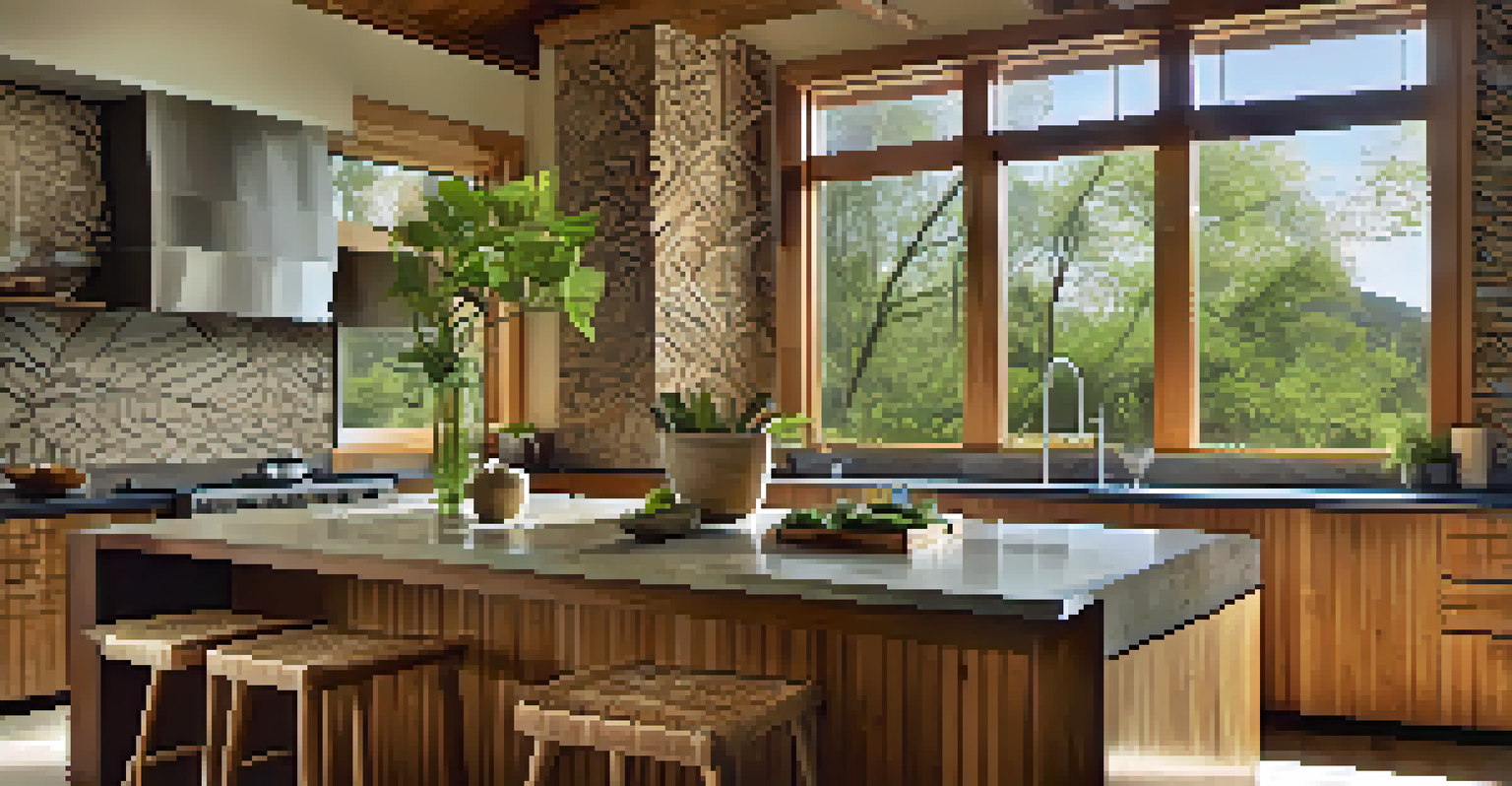 A modern kitchen featuring bamboo cabinets and stone countertops, filled with natural light and decorated with nature-inspired patterns.