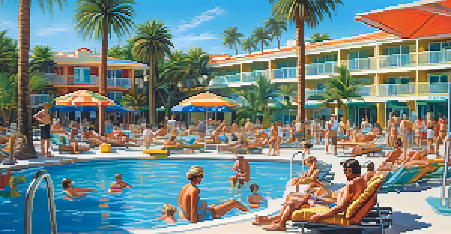 A community pool area with residents enjoying the sun and water activities.