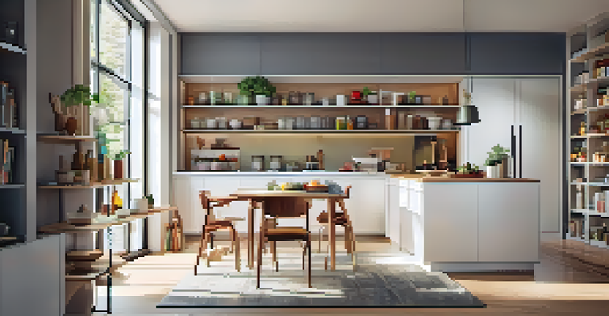 A modern compact kitchen with white cabinets, vertical shelves displaying spices and cookbooks, and a multifunctional island serving as a dining table.