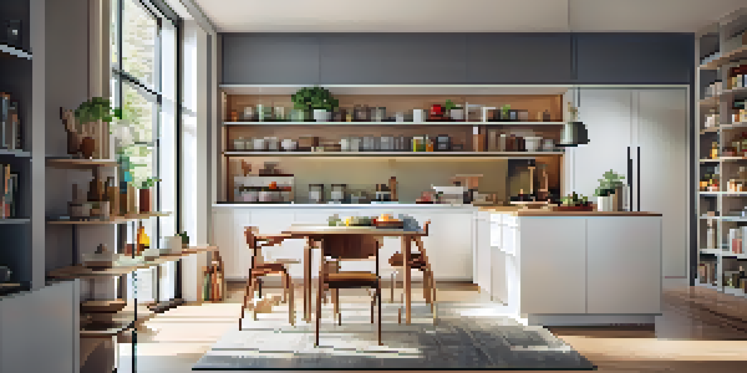 A modern compact kitchen with white cabinets, vertical shelves displaying spices and cookbooks, and a multifunctional island serving as a dining table.