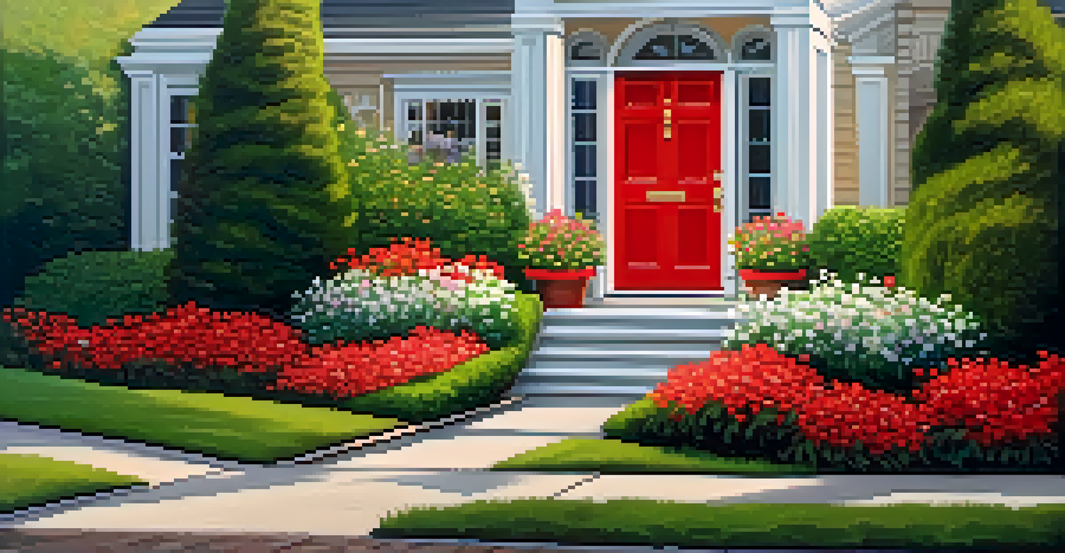 A vibrant entrance featuring a red door, colorful flowers, and a doormat, all illuminated by soft evening light.