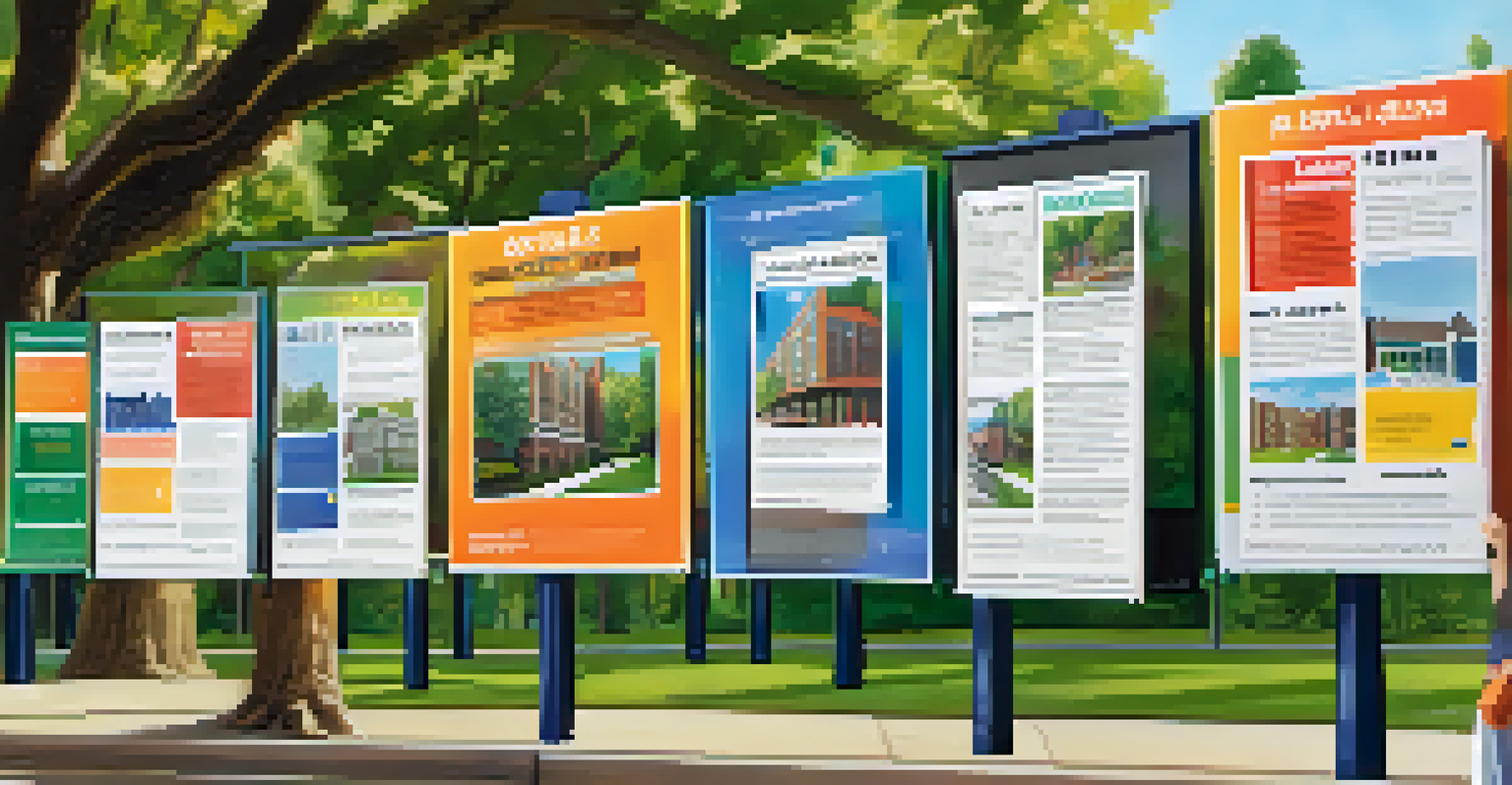 A rental listing board outside a university, displaying colorful flyers for student housing options, with students nearby.