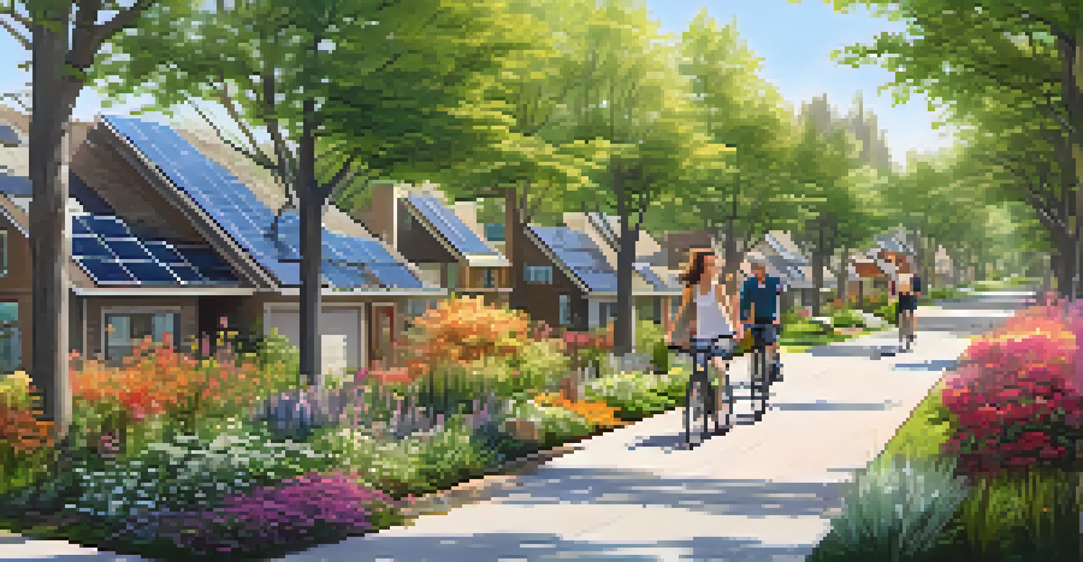 A modern eco-friendly neighborhood with solar panels, green roofs, and families biking.