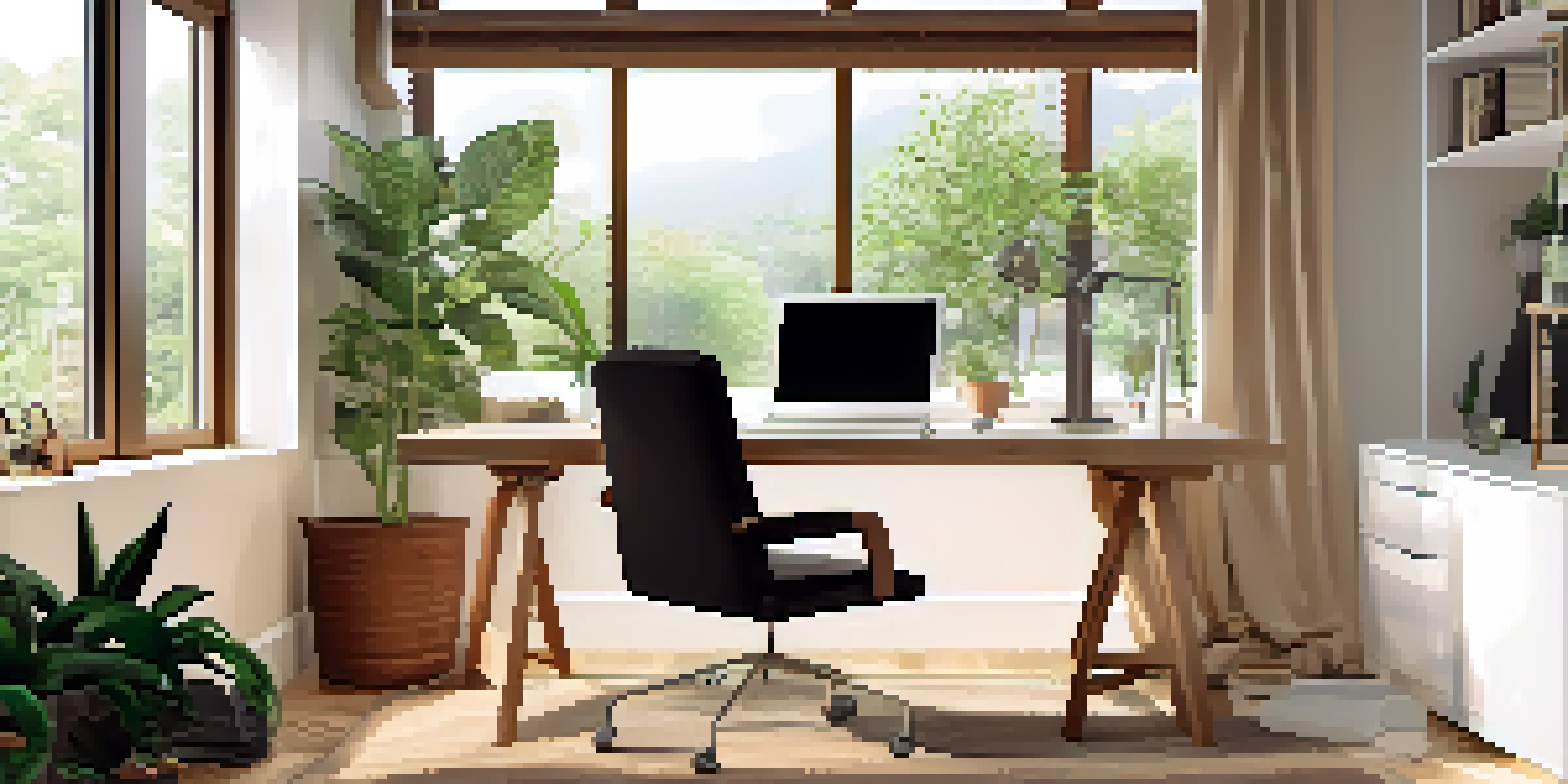 A bright and organized home office with a wooden desk, ergonomic chair, and a potted plant by the window, reflecting a peaceful workspace.