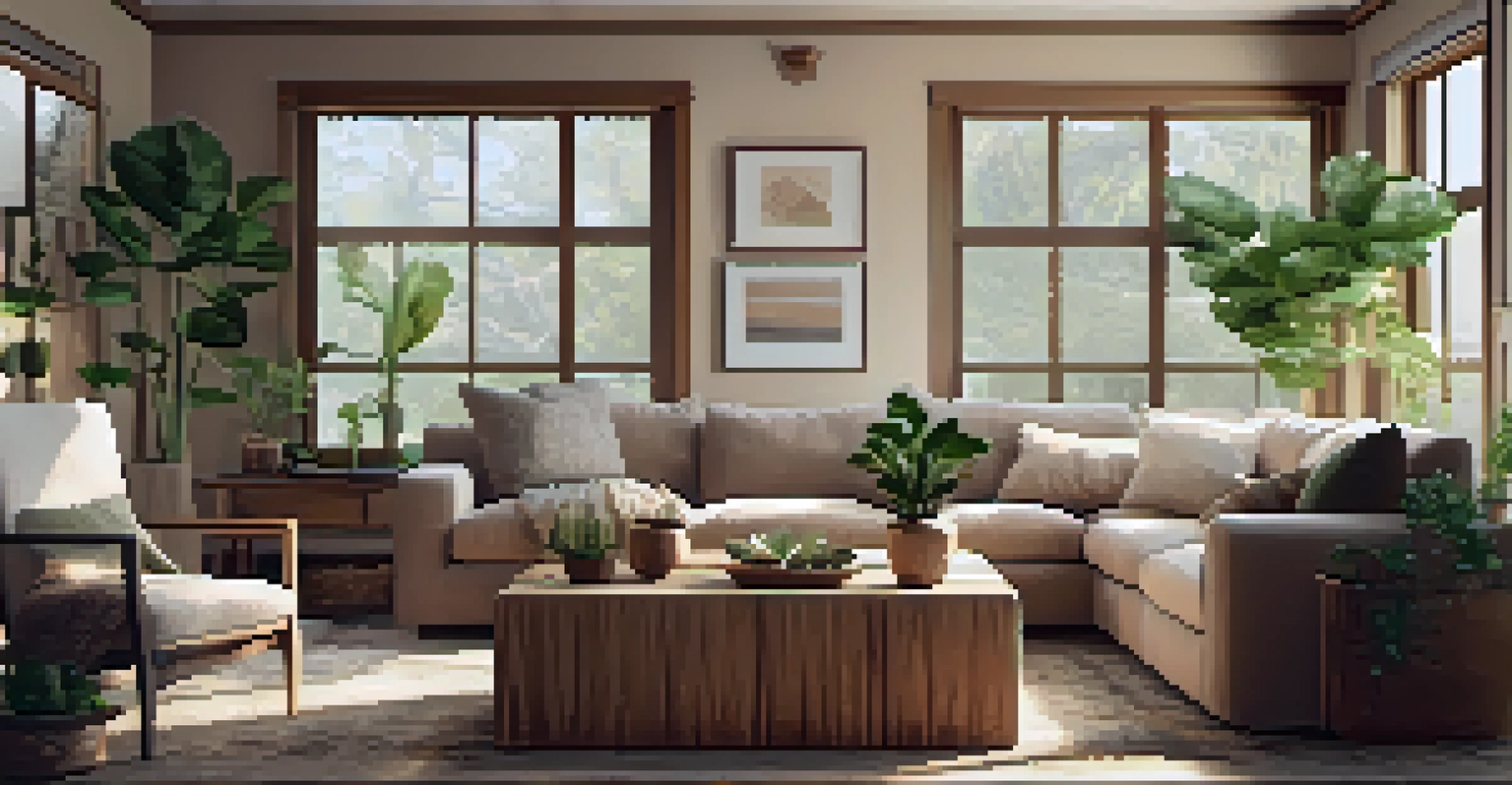 A cozy living room with soft clay-colored walls, reclaimed wood furniture, and green plants, illuminated by natural light.