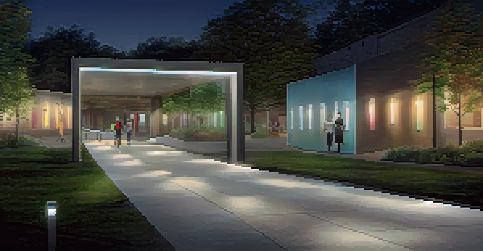 A clear concrete pathway leading to an accessible entrance, well-lit and free of obstacles, with a directional sign for accessibility.