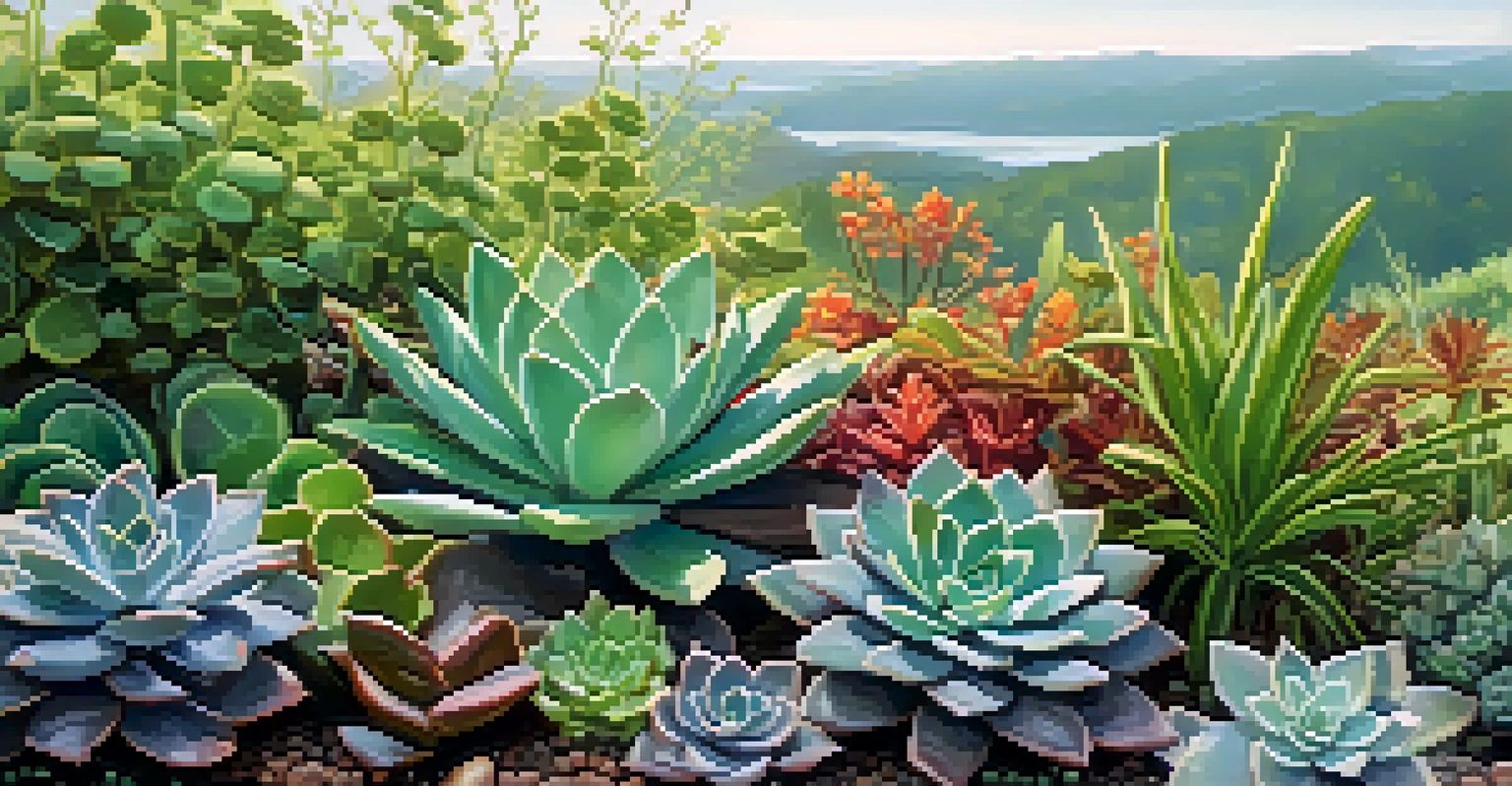 Close-up view of a green roof showcasing various plants with droplets of water on the leaves.