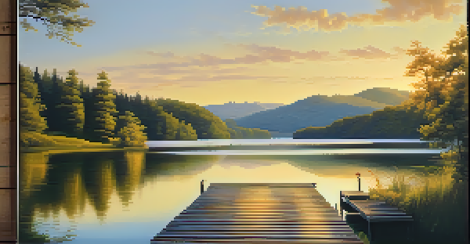 A peaceful lake scene with green forests and hills, a sunset casting a golden glow on the water, and a wooden dock in the foreground.