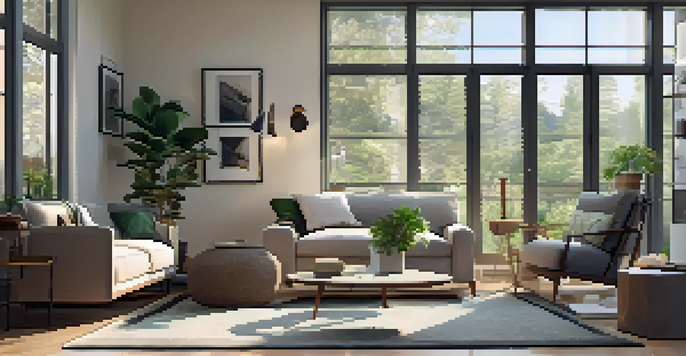 A modern living room filled with natural light, featuring a sofa and a coffee table with plants.