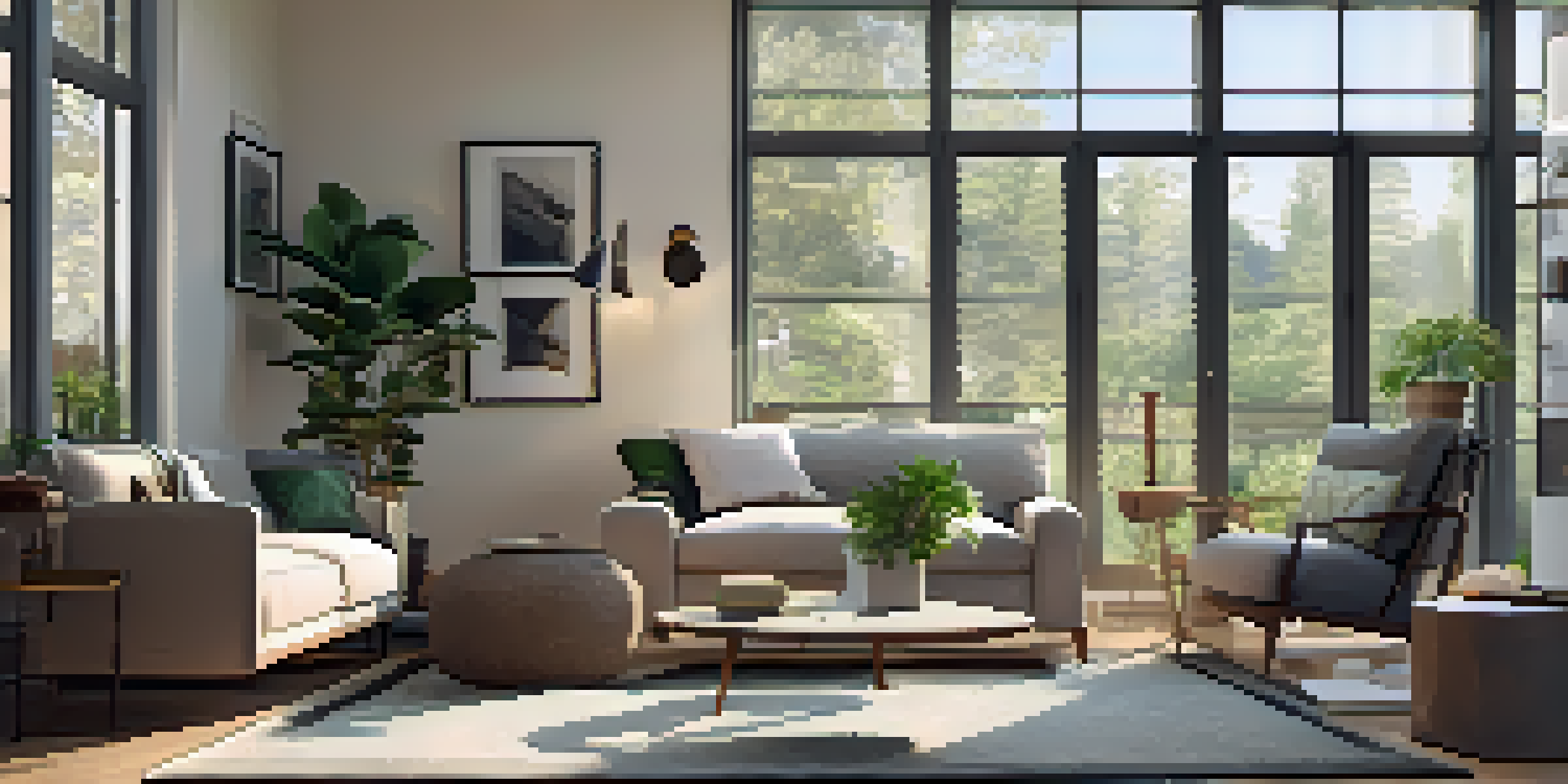 A modern living room filled with natural light, featuring a sofa and a coffee table with plants.