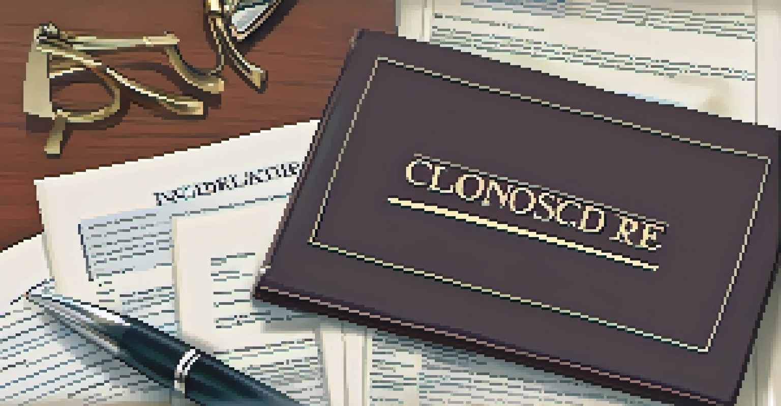 A real estate closing table with title insurance documents and a closing disclosure in soft lighting.