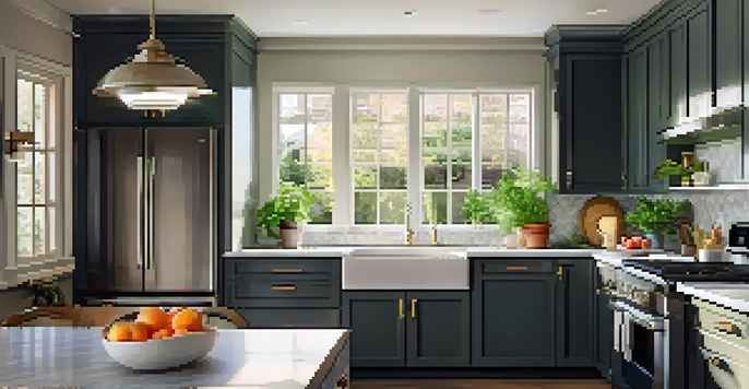 A bright and modern kitchen with new appliances and fresh herbs on the counter, illuminated by sunlight.