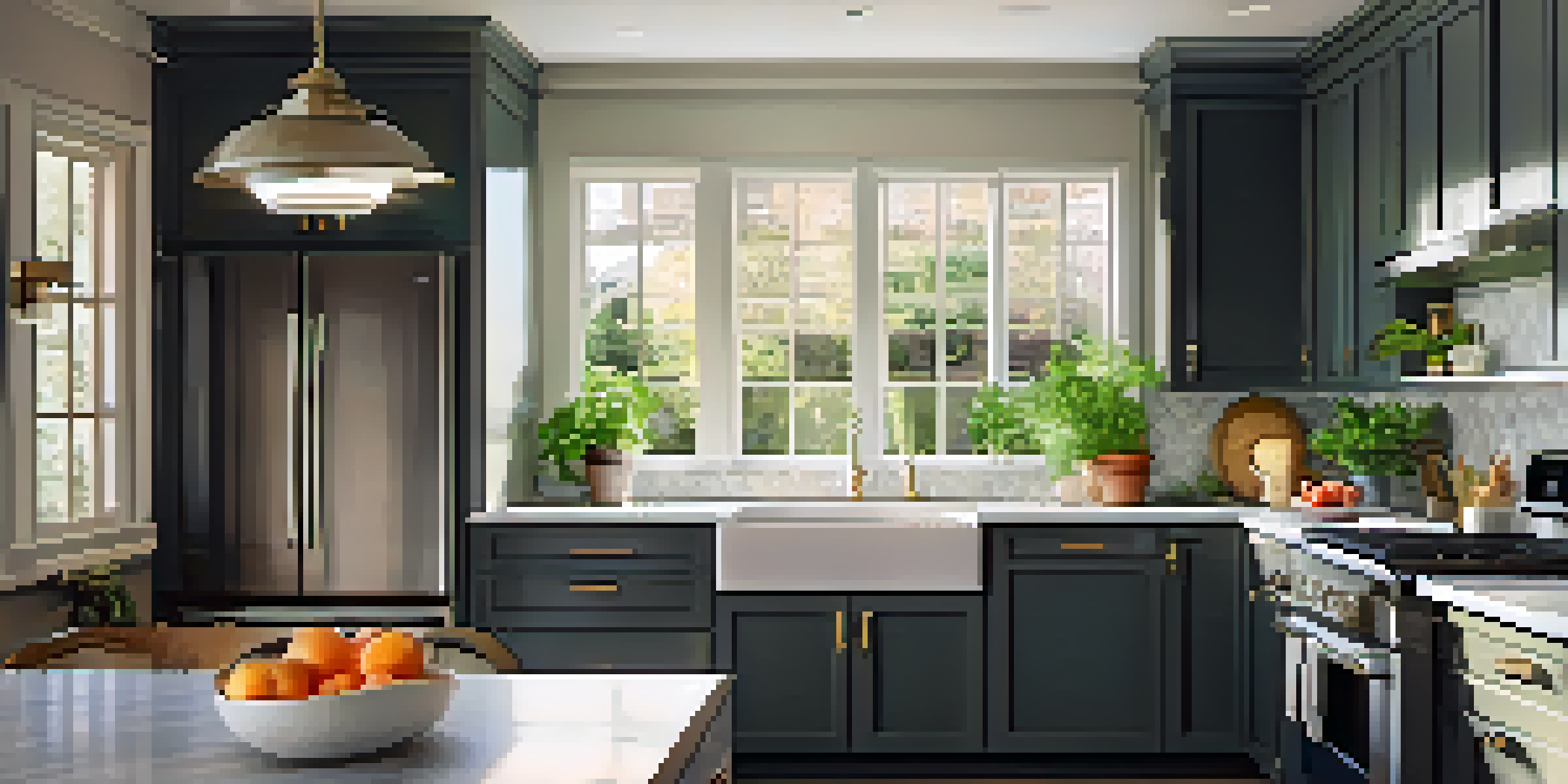 A bright and modern kitchen with new appliances and fresh herbs on the counter, illuminated by sunlight.
