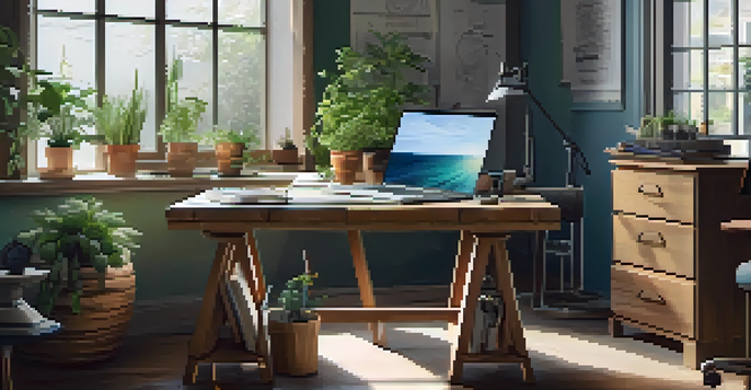 A workspace with a wooden desk, blueprints, a laptop, and construction tools, illuminated by natural light from a window.