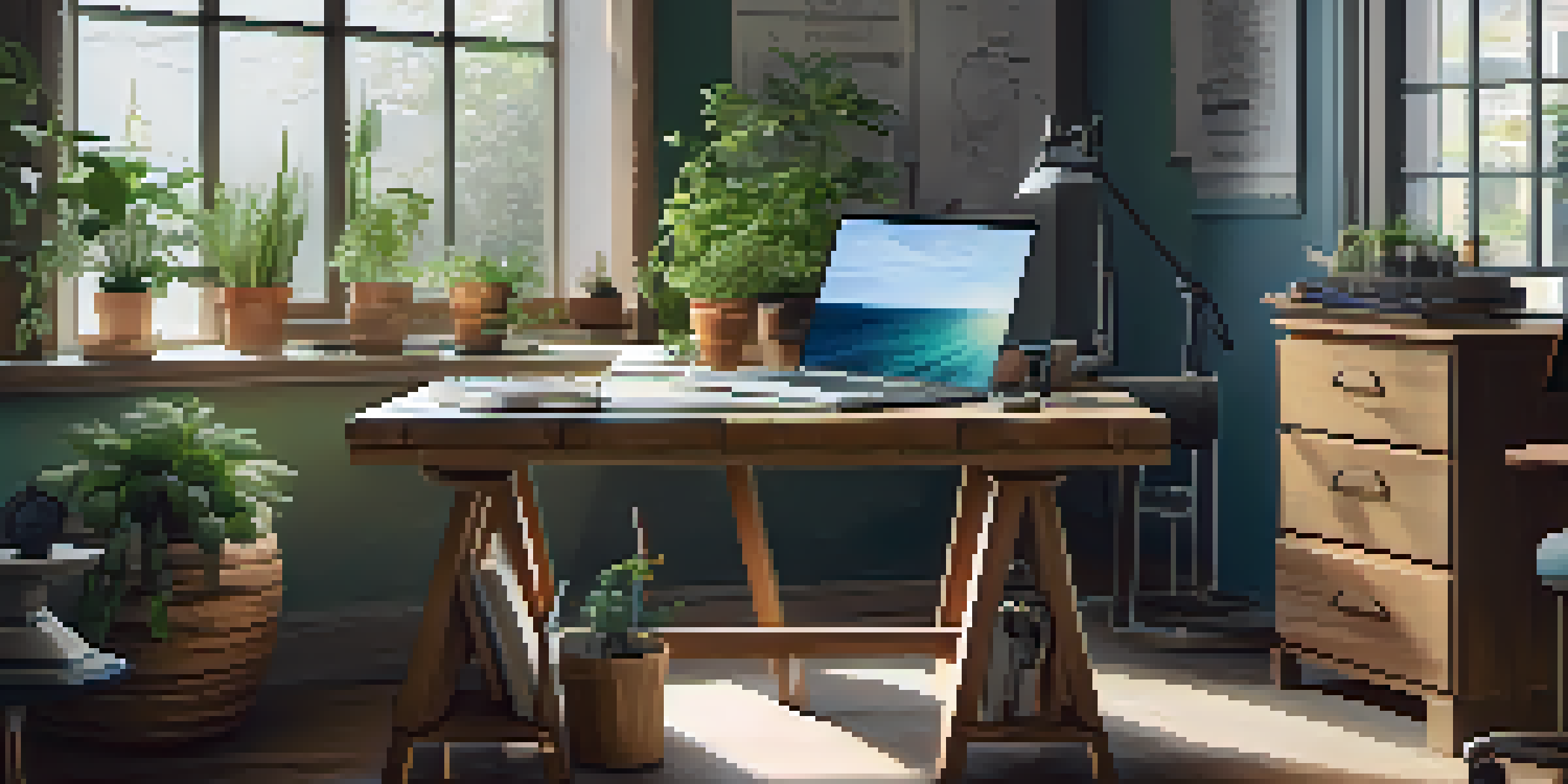 A workspace with a wooden desk, blueprints, a laptop, and construction tools, illuminated by natural light from a window.