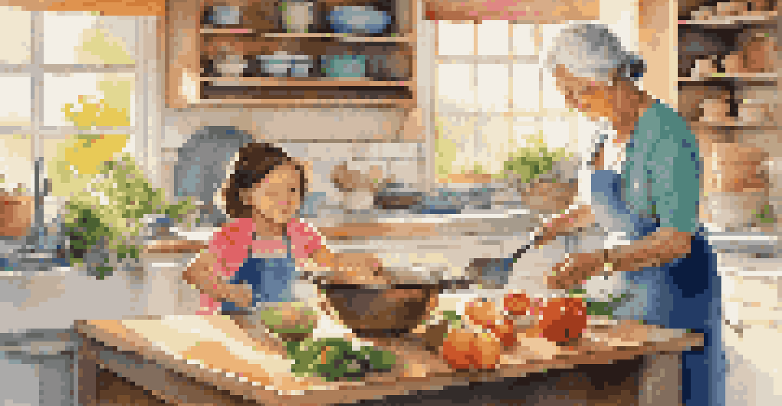 A grandmother teaching her granddaughter to cook in a colorful kitchen filled with fresh ingredients and bright sunlight.
