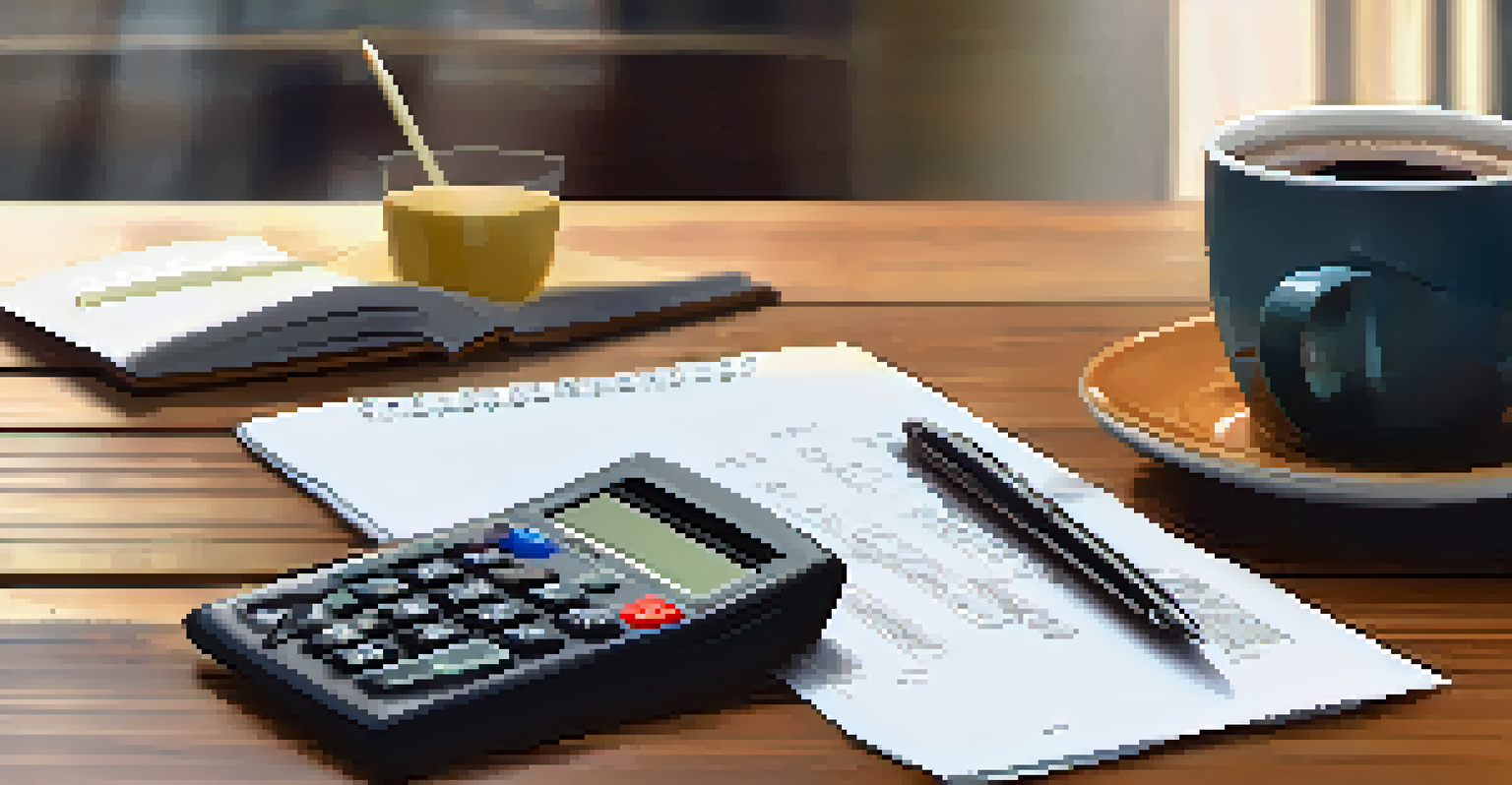 A wooden desk with a calculator, notepad with calculations for mortgage points, and a cup of coffee, illuminated by natural light.