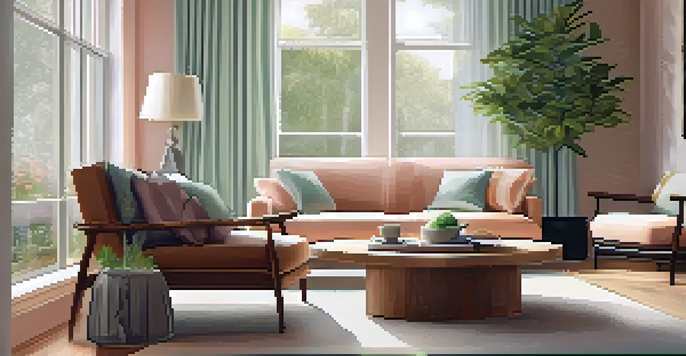 A cozy living room with a stylish sofa, wooden coffee table, and natural light coming through large windows.