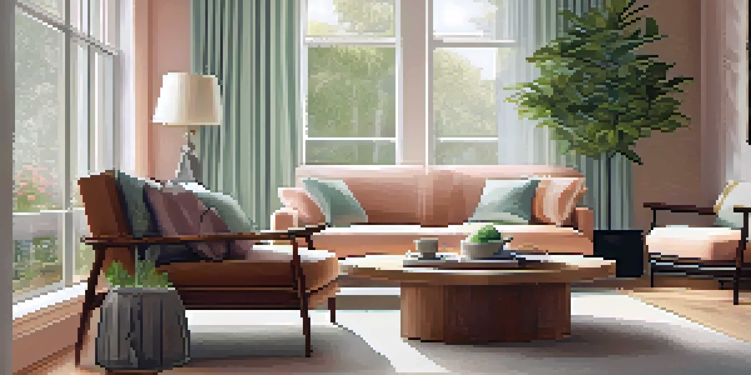 A cozy living room with a stylish sofa, wooden coffee table, and natural light coming through large windows.