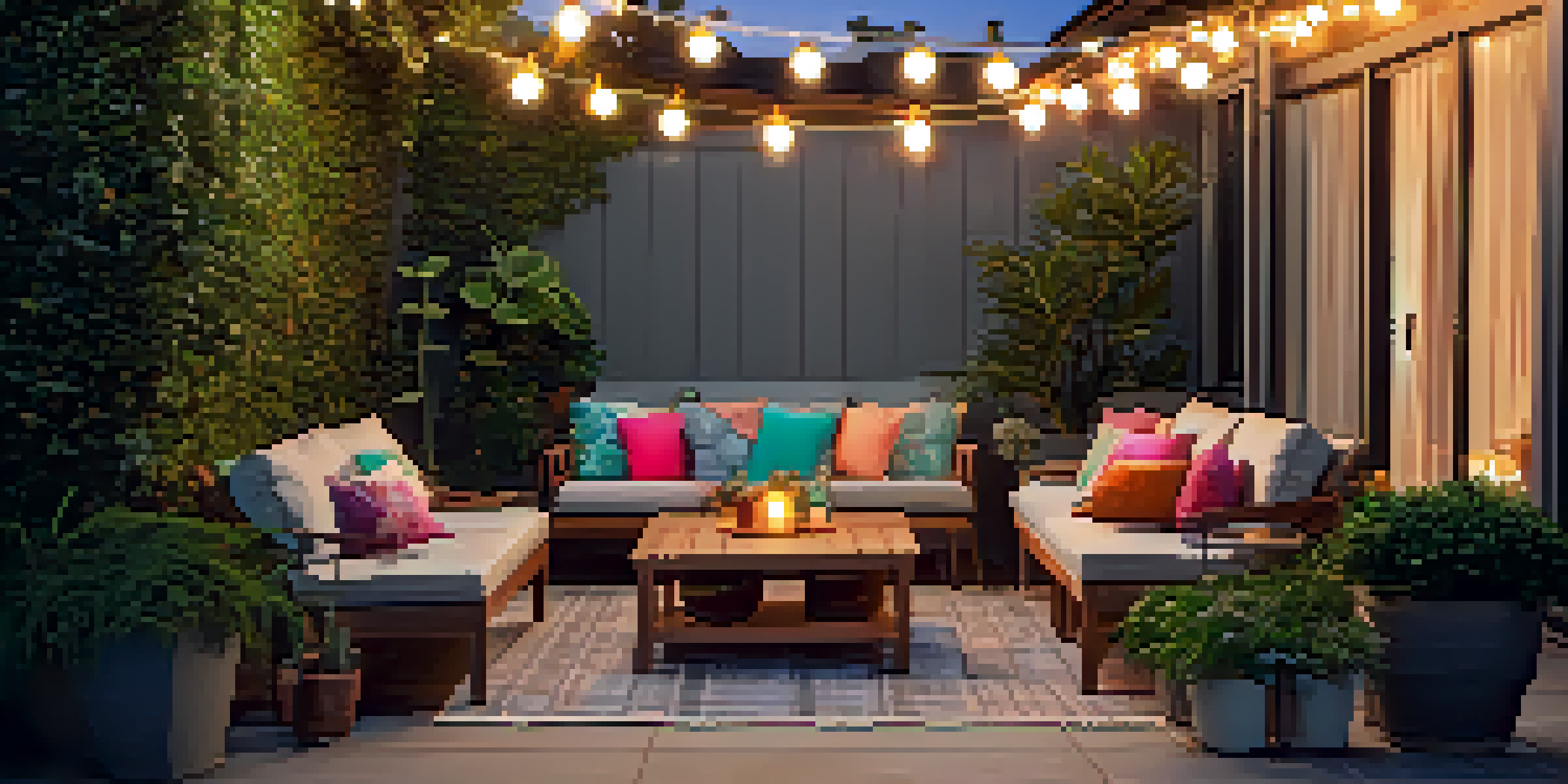 A cozy outdoor patio with teak furniture, colorful cushions, and vibrant potted plants, illuminated by warm string lights at sunset.