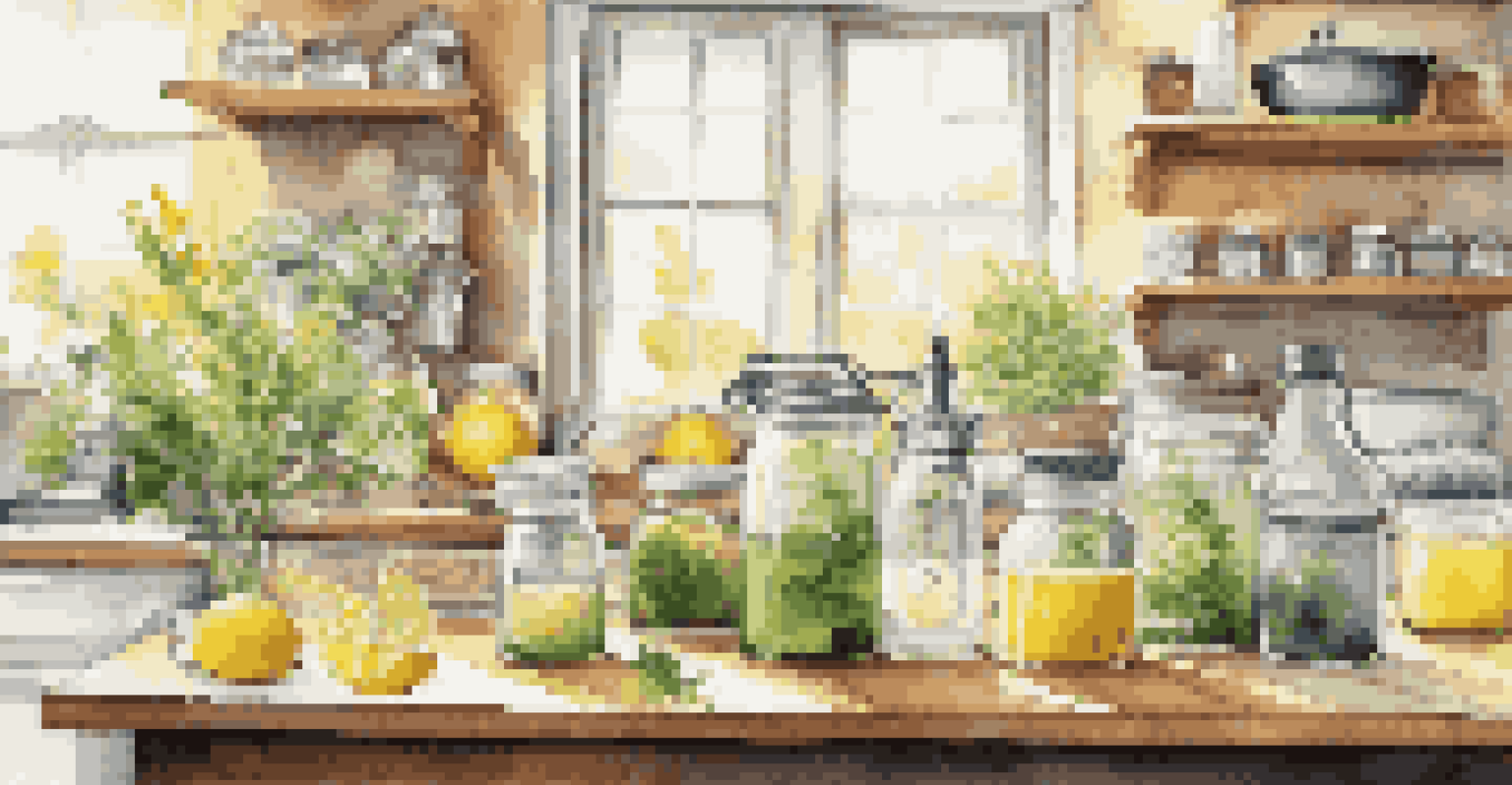 A warm kitchen displaying natural cleaning products in glass jars, with ingredients like vinegar and lemons, emphasizing an eco-friendly cleaning approach.