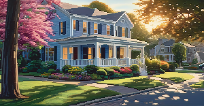 A suburban street at sunset featuring a charming house with a well-kept lawn and a couple talking to a real estate agent in front of a 'For Sale' sign.