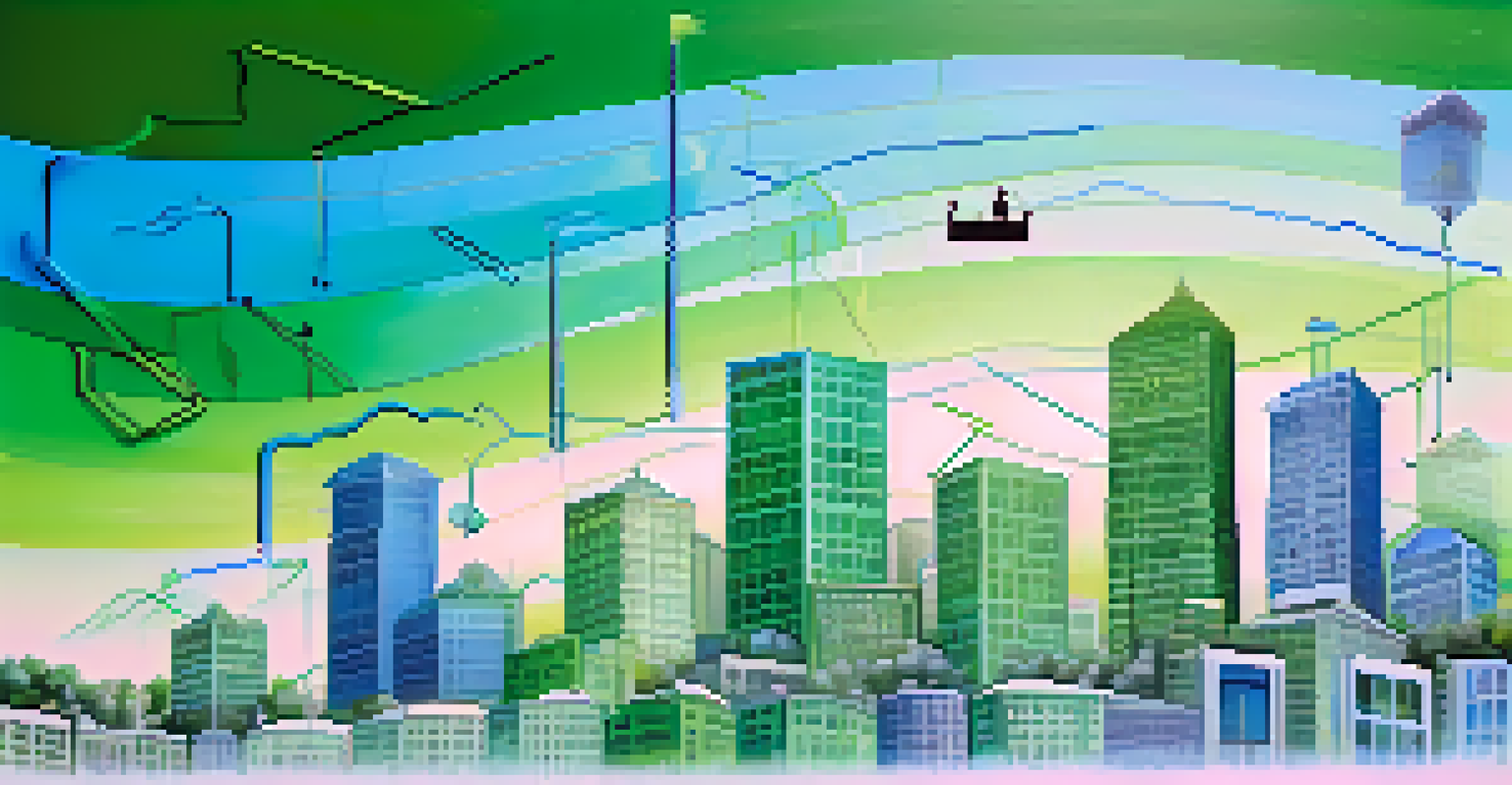 An abstract graph illustrating fluctuating interest rates with house and currency icons on a blue-green gradient background.