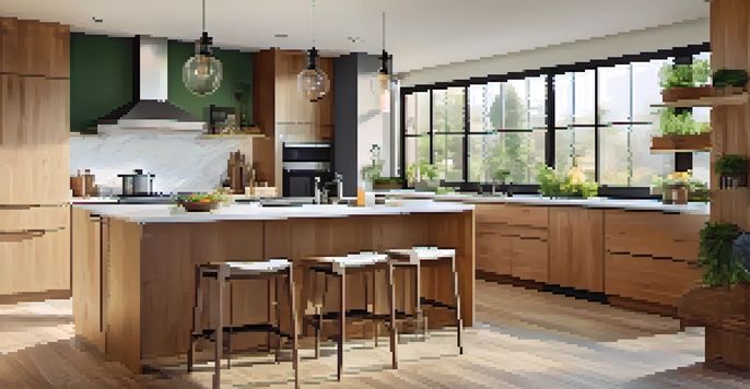 A modern kitchen with sleek cabinets, a spacious island, and bright natural light from large windows, decorated with fresh herbs.