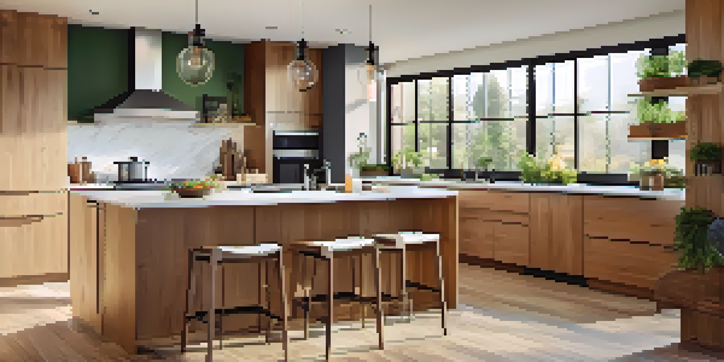 A modern kitchen with sleek cabinets, a spacious island, and bright natural light from large windows, decorated with fresh herbs.
