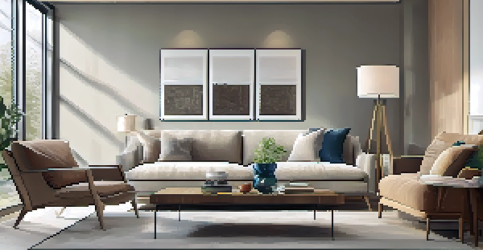 A bright and modern living room with large windows and contemporary furniture, displaying a virtual tour interface.
