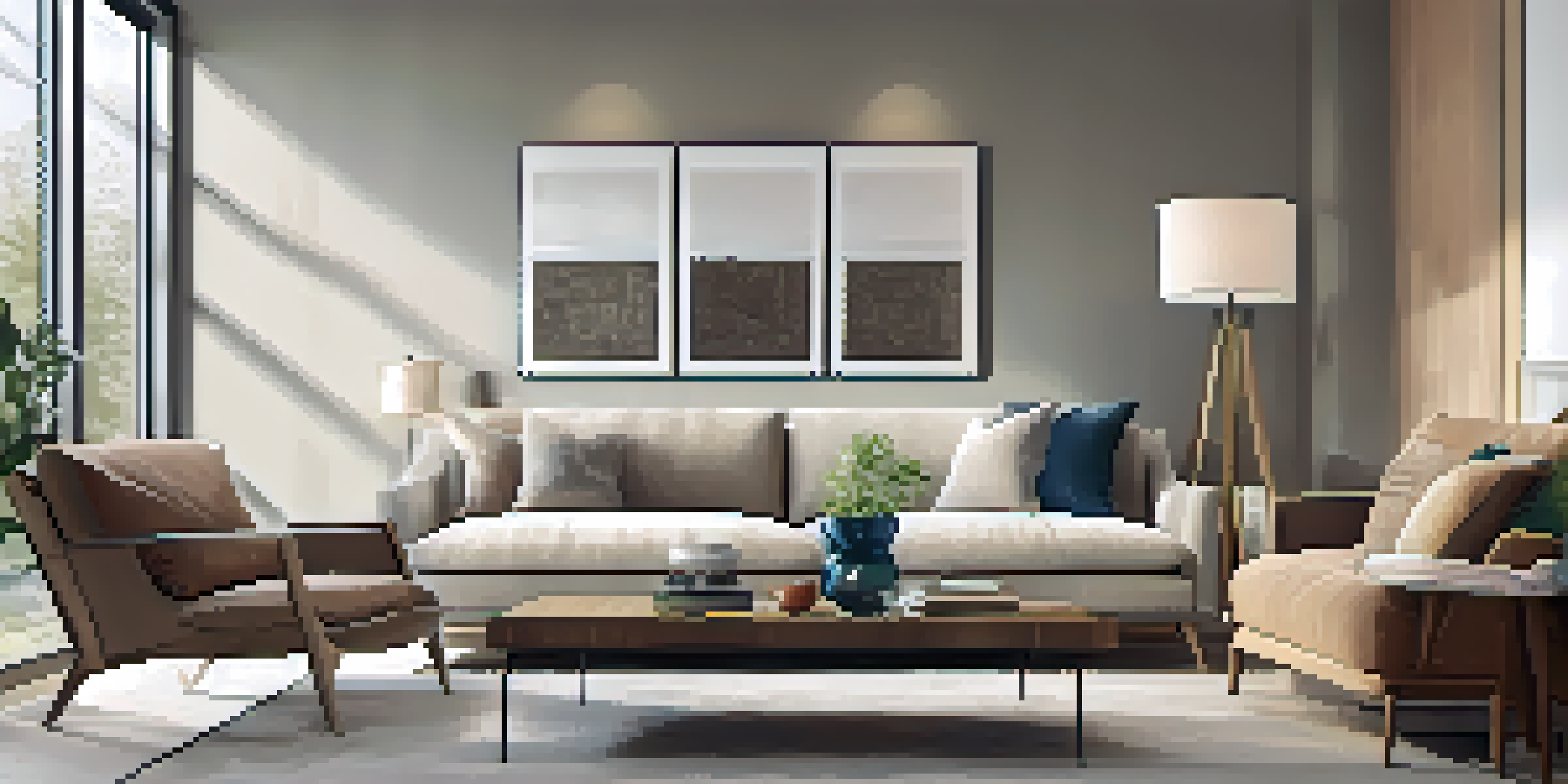 A bright and modern living room with large windows and contemporary furniture, displaying a virtual tour interface.