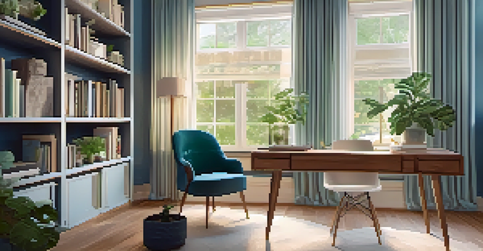 A warm and inviting home office with a desk, laptop, plants, and a bookshelf, illuminated by natural light.