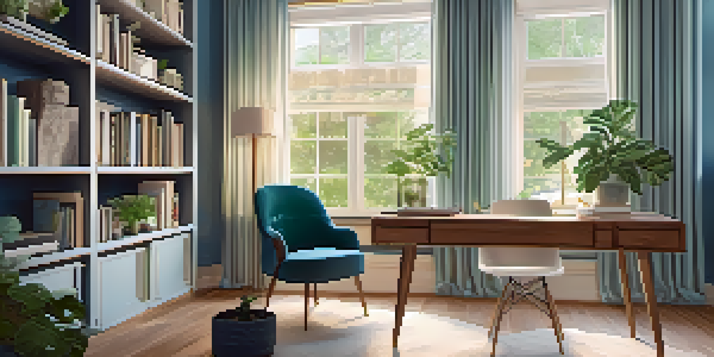 A warm and inviting home office with a desk, laptop, plants, and a bookshelf, illuminated by natural light.