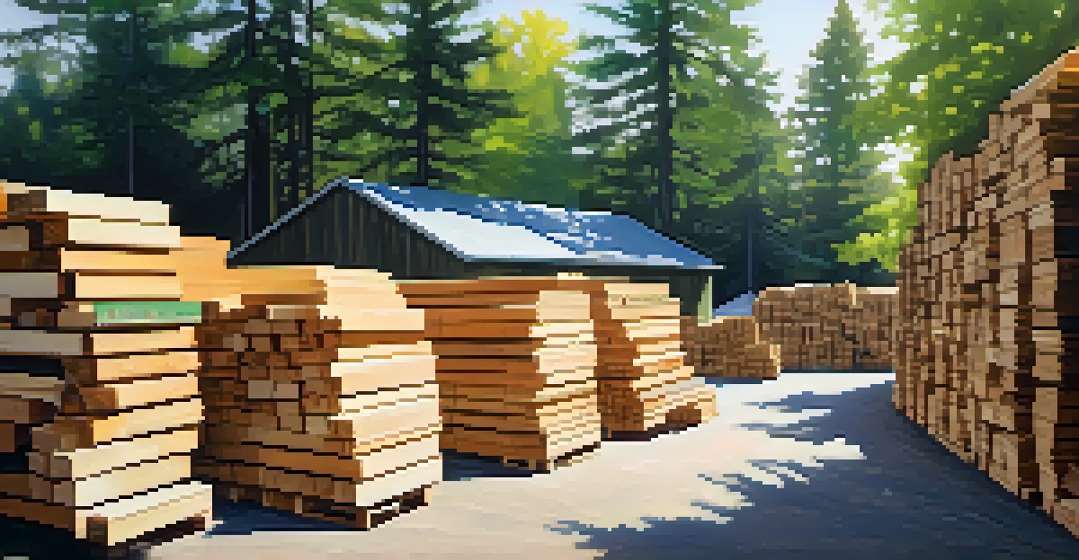 Outdoor view of a local lumber yard with eco-friendly lumber stacks and greenery, featuring a sign about sustainable practices.