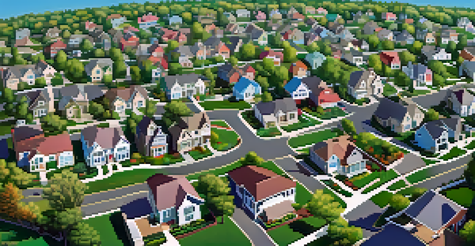 An aerial view of a suburban neighborhood with homes and green spaces, showcasing a peaceful community.