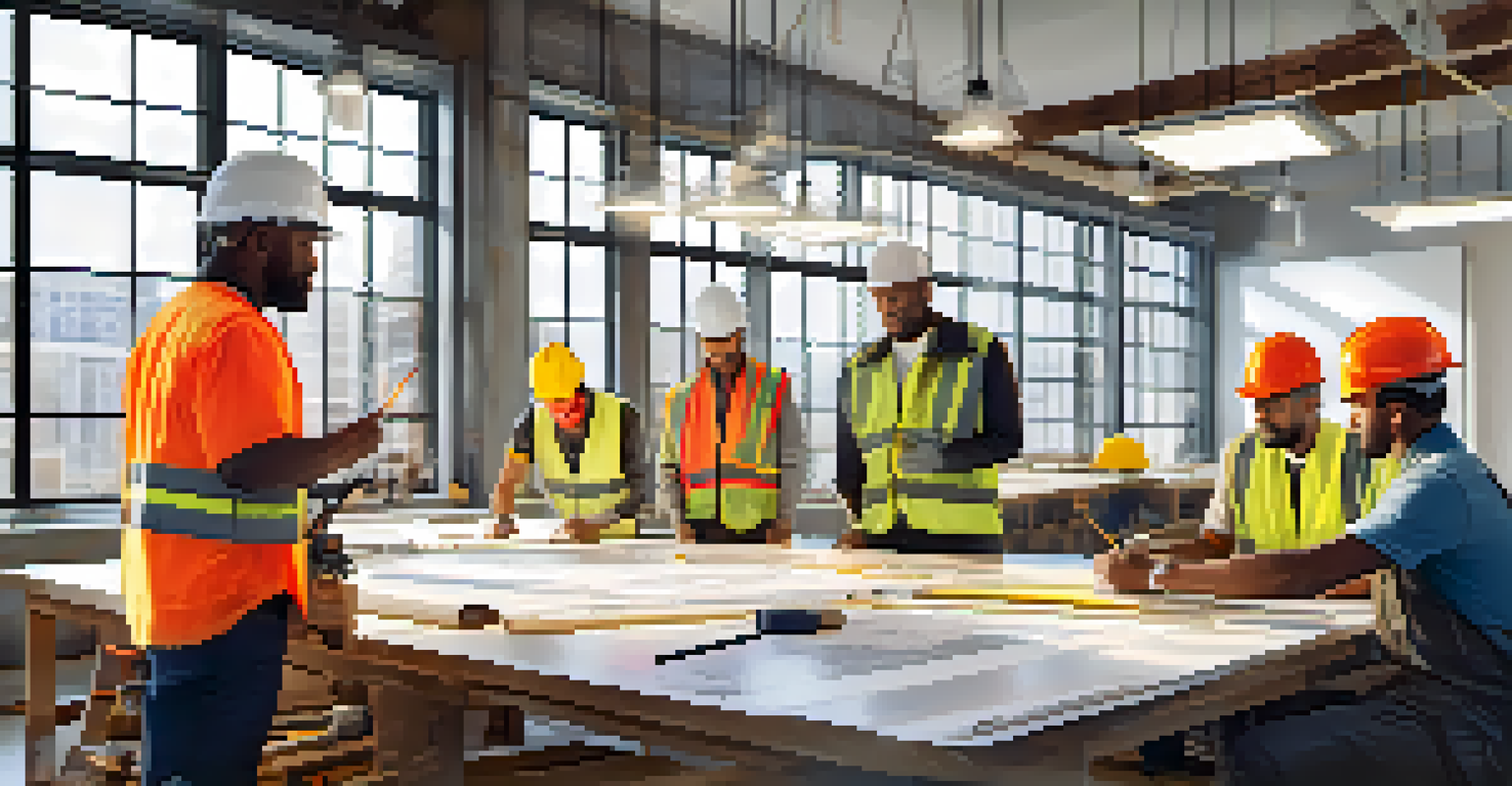 A diverse group of contractors collaborating over blueprints and tools in a bright workspace.